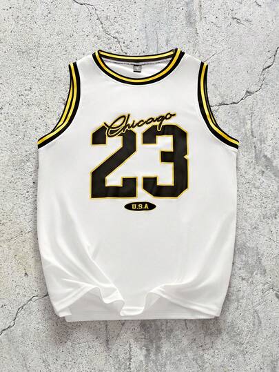 EVRINFINITE 这款男士街头学院风运动背心，采用高街风格的黑金配色数码印花球衣，印有醒目的“23”号和“Los Angeles”字样。黑色运动背心前后均饰有醒目的字母印花。宽松的版型，适合音乐节和日常穿着。送给男友或老公的绝佳礼物，展现街头球衣时尚和Y2K风格。四季皆宜，尤其适合春夏两季。男士印花背心，夏季时尚单品，洛杉矶篮球球衣，夏季，篮球背心/篮球球衣背心，街头运动背心