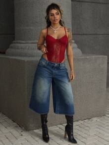 Rayane Ketlyn Bộ đồ liền thân ren vá gợi cảm thanh lịch dành cho nữ - Màu Đỏ Sâu - Xem 5