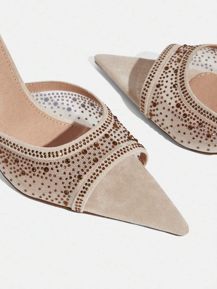 CUCCOO TILAWA Women's Pointed Toe High Heel Shoes, Rhinestone Decor Mesh Material, Fashion Comfortable For Daily, Party, Banquet, Slip-On Backless Sandals