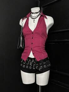 EgrlEra Áo sơ mi nữ cổ yếm ôm sát kẻ sọc - Đỏ - Xem 3