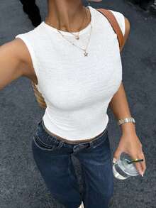 Elenzga 女士时尚纹理面料休闲无袖针织上衣，侧边褶皱设计 - 白色 - 查看 1