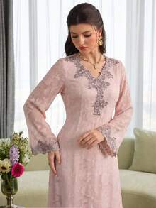 Al Najma Váy hoa xòe tay dài màu hồng thêu cổ chữ V thanh lịch dành cho nữ - Hồng - Xem 5