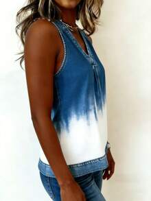 EMERY ROSE New Arrival Ombre Denim Effect Print Regular Fit Women Top - Blue and White - View 4