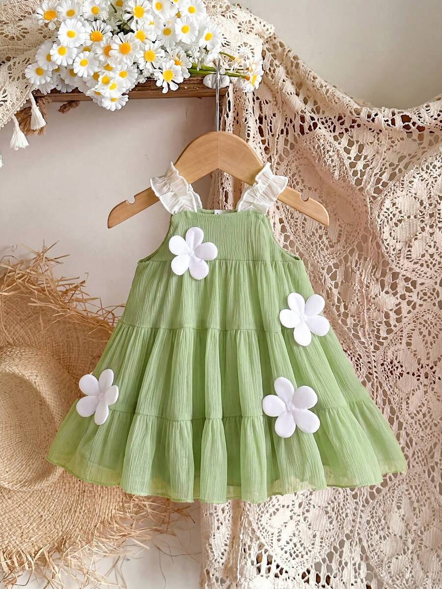 SHEIN Vintaside Kids Baby Girl Cute Bow Strap Dress, Summer - Green - View 1