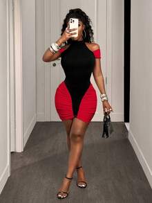 SHEIN BamGlam Đầm ôm sát gợi cảm, phối màu tương phản, xếp ly dành cho nữ. - Đỏ - Xem 4