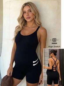 SHEIN Rompi Olahraga Hamil Warna Polos Elastis Bernapas, dengan Desain Cup. - Hitam - View 3