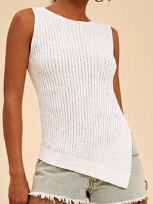 Travachic Nuevo Llegada Primavera/Verano 2026, Chaleco de punto asimétrico sin mangas con diseño calado para mujer, ideal para vacaciones - Blanco - Ver 4