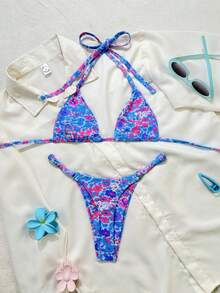 Swim Mod 2pcs/Set Colorful Print Micro Triangle Bikini Bottoms, Sexy Style Zestiva Swimsuit Zebra Bikini Set Zoo Outfit Women Coachella Zip Lining Outfit Holiday Summer - Multicolor - View 7