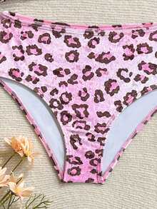 SHEIN Tween Girls Leopard Velvet Knit Bikini Sets: Halter Design, Sweet Embellishment, Unlocking Summer Beach Fashion - Multicolor - View 5