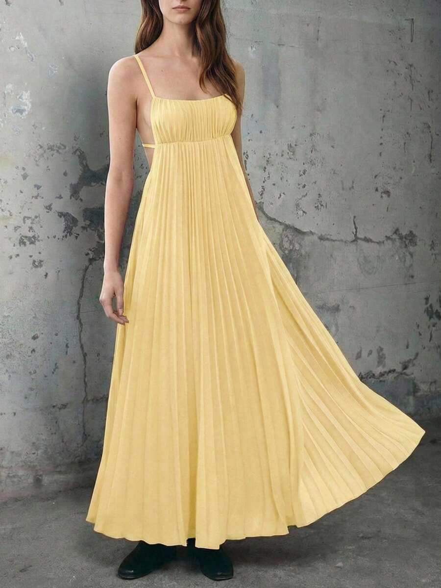 Maija Đầm đi nghỉ hè cho nữ, đầm đi biển kiểu boho tối giản không tay màu trơn, thích hợp cho mùa xuân và mùa hè. - Màu vàng - Xem 1