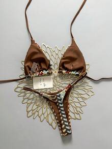 Swim SXY Bộ bikini hai mảnh bằng vải dệt họa tiết, kiểu yếm cổ, kèm mặt dây chuyền vàng, đồ bơi gợi cảm cho nữ mùa hè đi biển. - Nhiều màu - Xem 6