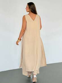 Auralis 新款无袖V领蝴蝶结前开衩卡其色大码长款衬衫搭配松紧腰阔腿休闲裤/优雅休闲度假波西米亚风飘逸套装/优雅通勤两件套/大码两件套 - 卡其色 - 查看 4