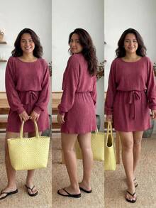 Enliva Plus Ribbed Knit Belted Dress,Autumn Clothes ,Winter Clothes ,Casual Dresses For Women ,Friendly To Round Body Curves - Red - View 4