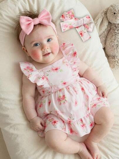 SHEIN 2件套新生女宝宝粉色卡通草莓格子连衣裙，配可爱蝴蝶结发带，0-3个月，柔软弹力舒适，荷叶边装饰，适合外出、度假、拍照，春夏新品