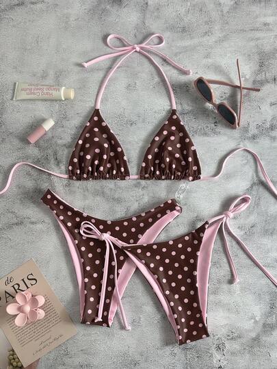 Swim Mod Women's 26SS New Polka Dot Print Reversible V-Neck Backless Triangle Bikini 3 Pieces Set, Sweet Beach Holiday