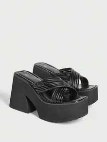 Sugerpunk Giày sandal cao gót đế xuồng kiểu dáng thường ngày gợi cảm dành cho nữ, kiểu Gothic Punk, mũi vuông hở ngón với quai chéo trang trí, hoàn hảo cho mùa xuân/hè đi làm, dự tiệc và nghỉ lễ. - màu đen - Xem 3