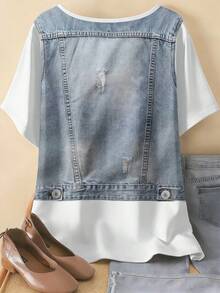 EMERY ROSE Áo khoác gile giả denim thời trang cỡ lớn dành cho nữ và áo thun ngắn tay cổ tròn in hoa phong cách thường ngày. - Nhiều màu - Xem 2