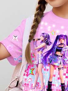 2件套卡通女孩多巴胺渐变色K-Pop巨星休闲短袖T恤短裤套装，适合夏季穿着 - 彩色 - 查看 5