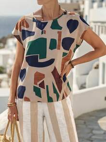 EMERY ROSE Women Geometric Print Round Neck Batwing Sleeve Casual Shirt,Short Sleeve Tops - Multicolor - View 1