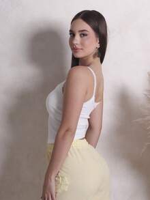 Duda Rubert 女式休闲黄色蕾丝花边吊带背心和条纹裤两件套，返校季 - 黃色 - 查看 5