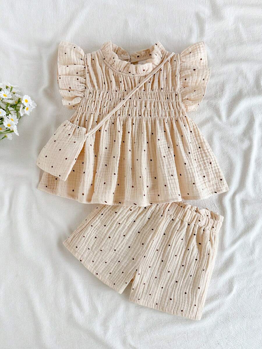 SHEIN Vintaside Kids 女婴可爱休闲波点荷叶边上衣+阔腿裤+包包两件套,适合夏季、居家和户外活动 - 杏色 - 查看 1