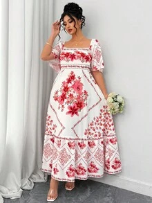 GlowEve CURVE 大码女式荷叶边袖收腰印花连衣裙，适合度假和浪漫旅行 - 彩色 - 查看 1