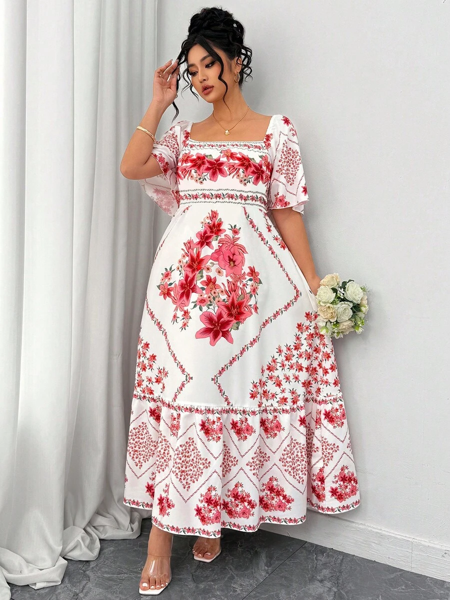 GlowEve CURVE 大码女式荷叶边袖收腰印花连衣裙，适合度假和浪漫旅行 - 彩色 - 查看 1