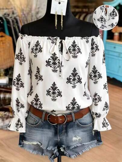 Louniche Camisa de vacaciones de manga larga con hombros descubiertos y estampado de color contrastante para mujer