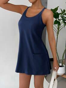 SHEIN EZwear 女士极简纯色无袖连衣裙配打底裤，日常穿着，大码，防走光 - 藏蓝色 - 查看 4
