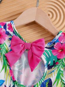 Elladie kids Robe décontractée élégante pour filles avec imprimé floral, col rond, manches évasées, dos ajouré, nœud décoratif à la taille, volants à l'ourlet. Convient pour les vacances et les voyages, l'été. - Blanc - Voir 5