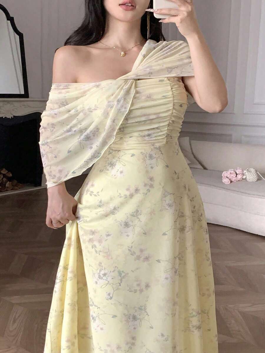 Feyla 大尺碼女款花卉圖案抓褶優雅時尚洋裝，適合約會、度假、婚禮賓客，柔黃色夏季款 - 彩色 - 查看 1