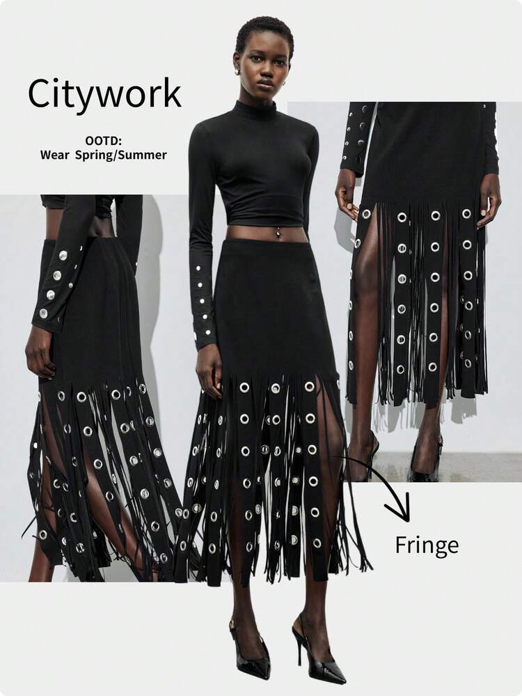 SHEIN Maija Jupe évasée à la mode avec ourlet à franges et œillets pour femmes
