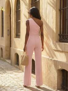 Women's Oblique Shoulder Ruched Wide Leg Pants With Pockets, Practical Commuting Jumpsuit For Spring/Summer - Pink - View 2