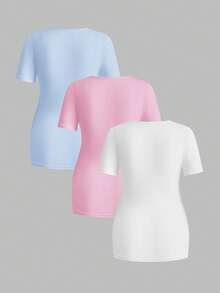 Modmama 3pcs/Set Pregnant Women Solid Color Ruched Nursing Function Casual Daily Short Sleeve Tops - Baby Blue - View 2