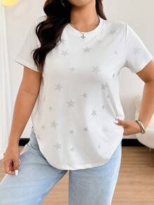 Easura Plus Size Women's Fashion Pentagram Rhinestone Embellished Casual Minimalist Versatile T-Shirt - White - View 3
