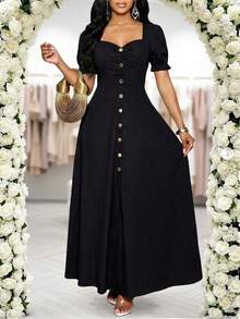 SHEIN Lady Robe élégante à col en cœur, manches à volants en pétales, boutonnage simple pour femmes, couleur unie - Noir - Voir 3