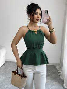 Elenzga Áo tank top nữ thanh lịch màu xanh lá cây, không tay, ôm dáng, trang trí hạt gỗ và có dây rút, thích hợp cho mùa xuân/hè. - màu xanh lá - Xem 8