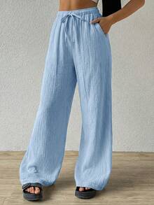 SHEIN EZwear 蓝色棉质宽松纹理褶皱抽绳腰裤 - 藍色 - 查看 4