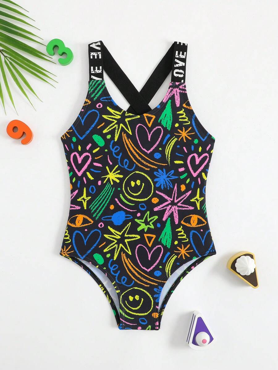 SHEIN 新款时尚爱心印花连体泳衣,字母肩带,适合年轻女孩度假、郊游、假日旅行和夏季穿着。 - 彩色 - 查看 1