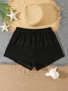 SHEIN Teen Girl Black Hollow Lace Beach Shorts,Summer New Breathable Sunscreen Cover Pants,Elastic Drawstring Waist,Holiday,Vacation,Fashionable Dressing - Black - View 5