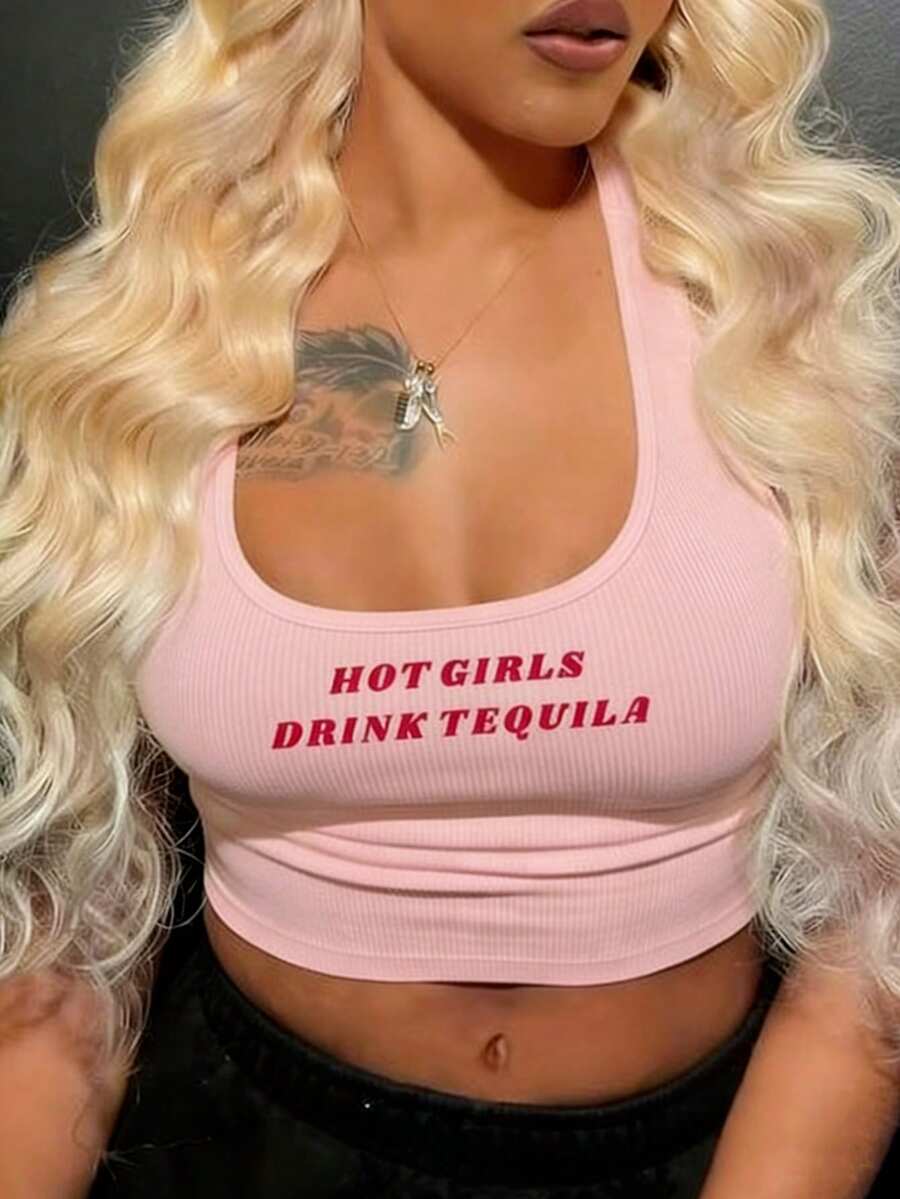 SHEIN Women's Letter Printed Casual Daily Summer Tank Top Graphic Tees Women Tops - Pink - View 1
