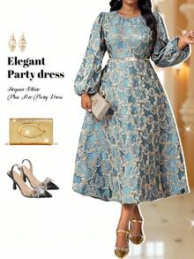 Fleurora Đầm suông cổ tròn tay đèn lồng họa tiết hoa jacquard cỡ lớn thanh lịch dành cho nữ - Vàng - Xem 2