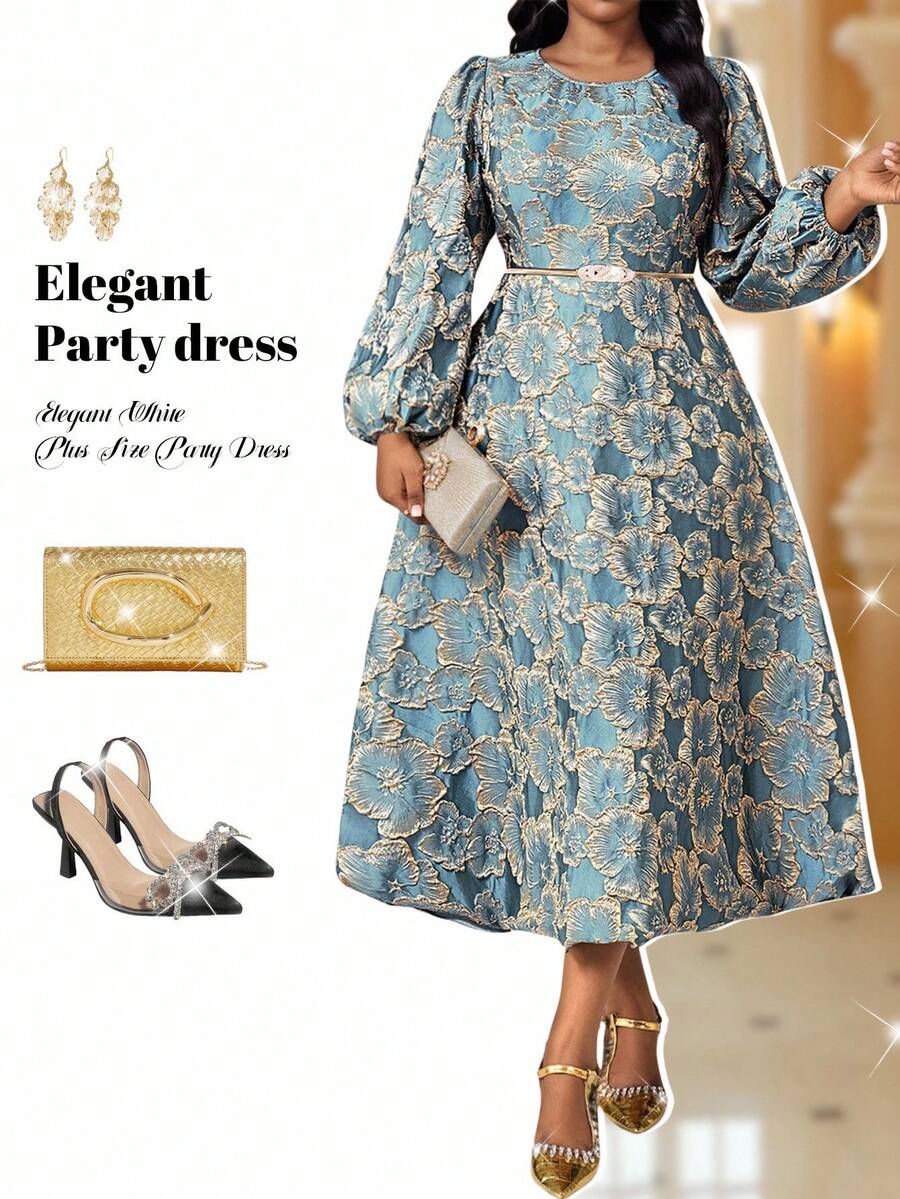 Fleurora Đầm suông cổ tròn tay đèn lồng họa tiết hoa jacquard cỡ lớn thanh lịch dành cho nữ