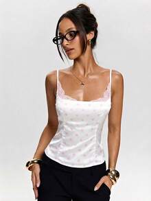 SHEIN BAE 女士夏季海滩度假波点印花蕾丝边修身吊带背心，适合日常通勤 - 淺粉色 - 查看 4