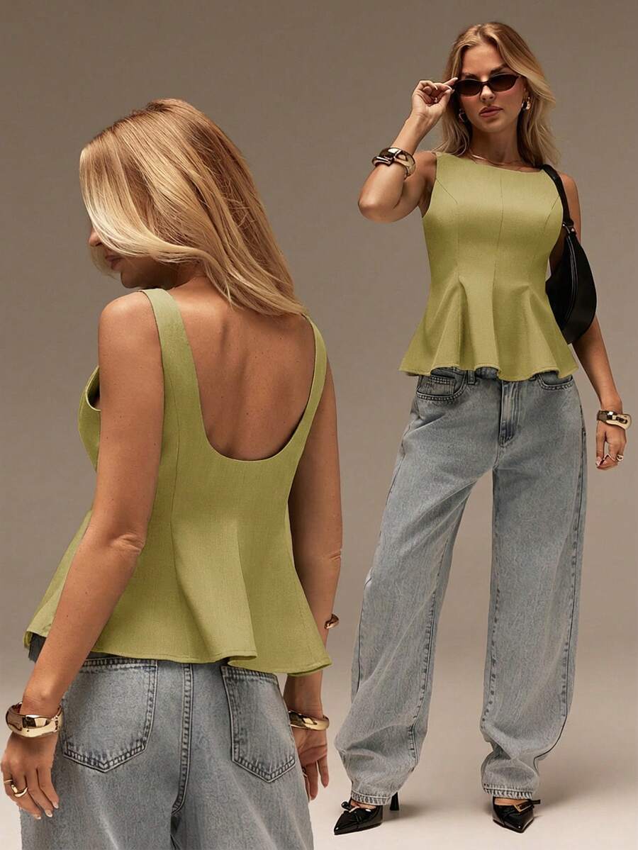SHEIN Forever 21 春夏女款浪漫/舞會/正式/生日/90年代/商務休閒/優雅/西式穿搭/外出/時尚/休閒/Y2K/夜店/辦公室/雞尾酒會/復古/緊身/電音節/幽默/高雅/老錢風/街頭風/度假/鄉村音樂會/工作/端莊/春假/單身派對/音樂會/辣妹/基礎款/畢業/A字/無袖上衣 - 杏色 - 查看 1