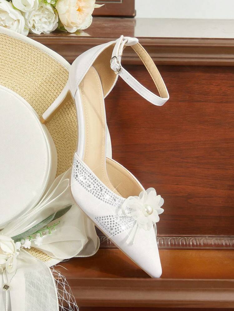CUCCOO HITCHD Women Shoes Wedding Season Women's Shoes White Satin Pearl Flower Decoration Women's High Heels Shoes Shiny Rhinestones With Wedding Style Women's Shoes Valentine's Day Sexy Wear