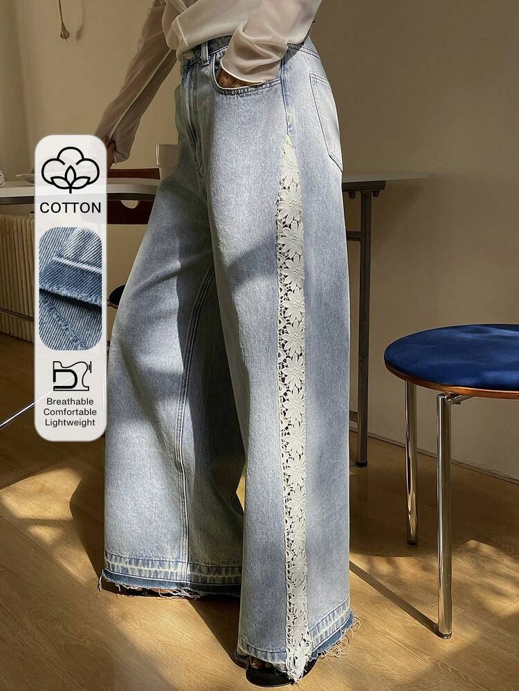 Women's Patchwork Colorblock Floral Trim Loose Wide Leg Pants, Casual Holiday Summer Jeans