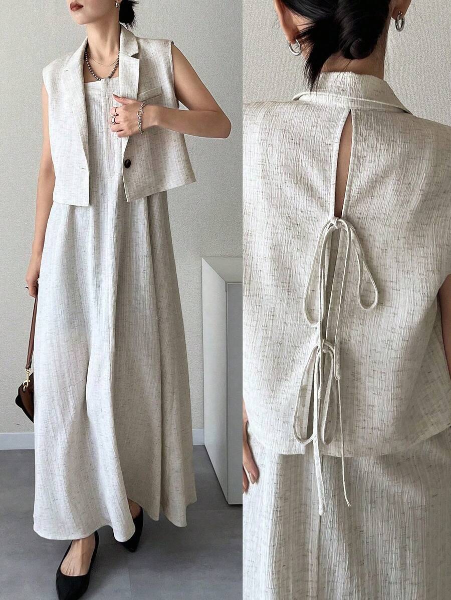 FRIFUL 女士西装外套和长款吊带裙两件套，款式时尚，夏季 - 卡其色 - 查看 1