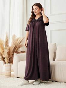 Lacomfia V-Neck Casual Everyday Fashion Minimalist Gray Loose Fit Long Dress With Knit Patchwork Lace Trim Button Decor, Plus Size - Red - View 6