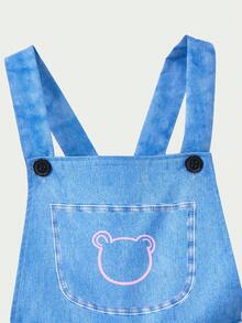 SHEIN Casuvi Kids Tween女孩時尚淺藍色印花星星圖案吊帶褲，休閒校園開學個性化秋季背帶褲整體裝 - 藍色 - 查看 10